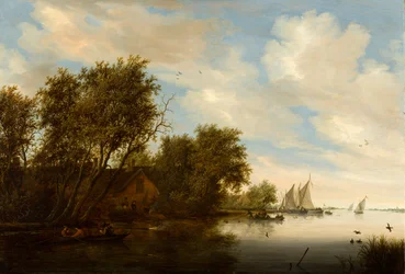 Vue de rivière avec chasseur de canards